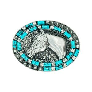 Western Horse Head Belt Buckle Silver Turquoise Faux Stone Oval Southwestern NWT